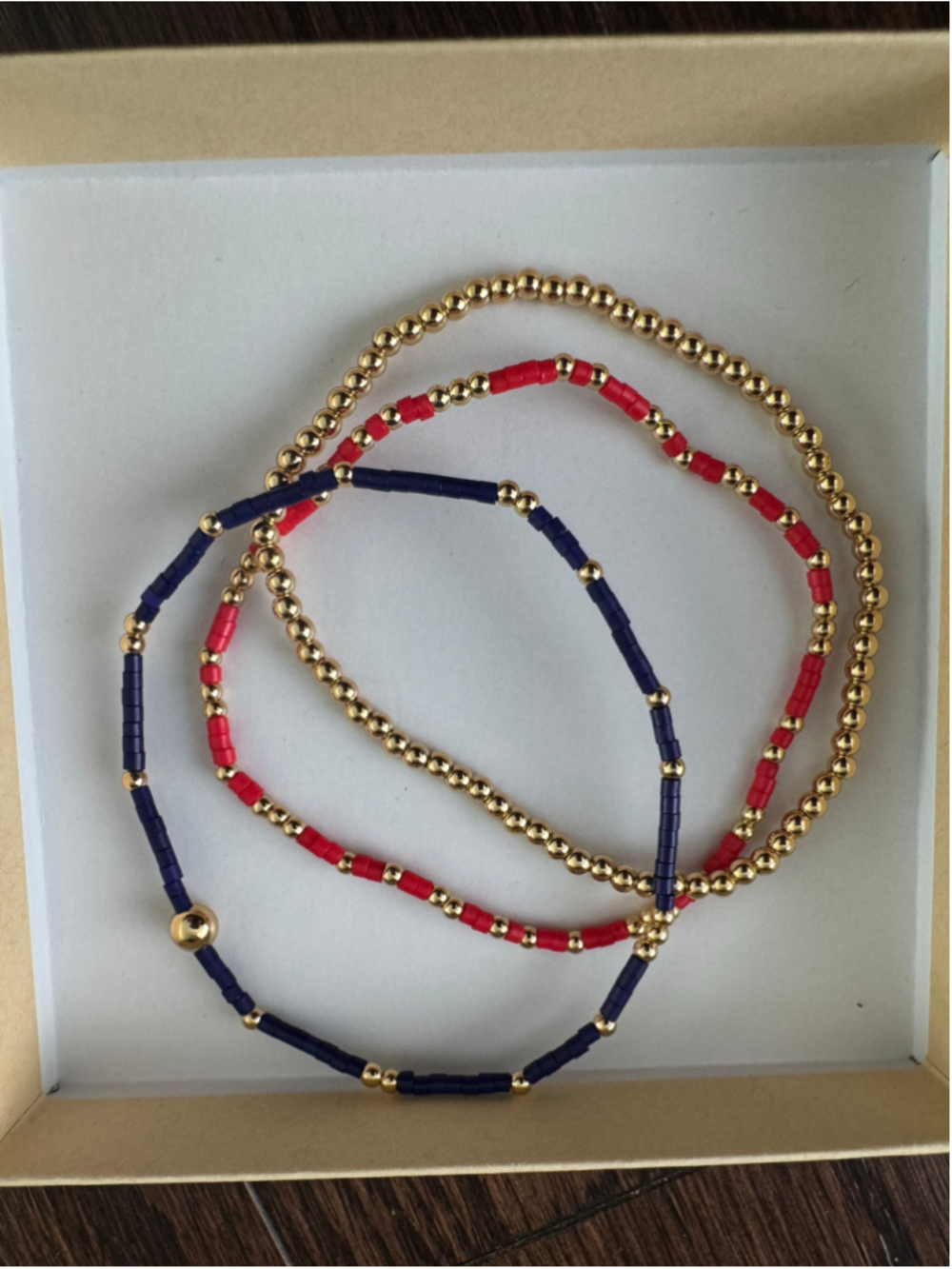 Gold Red & Navy Blue Beaded Stretch Bracelet Set 3 Piece Stackable